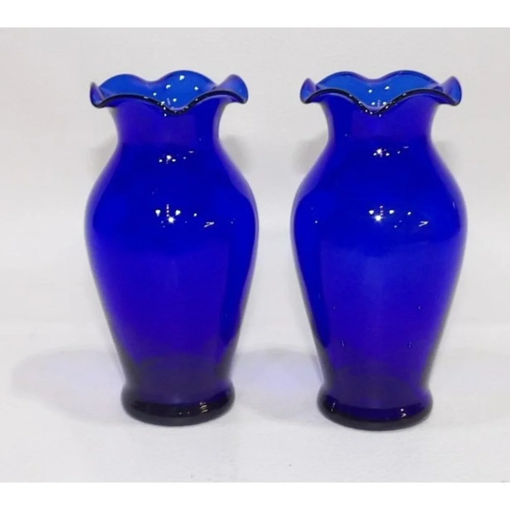 Cobalt Blue Glass Vases Set of 2 Ruffled Rim 5 Inch Decorative Flower Vessels